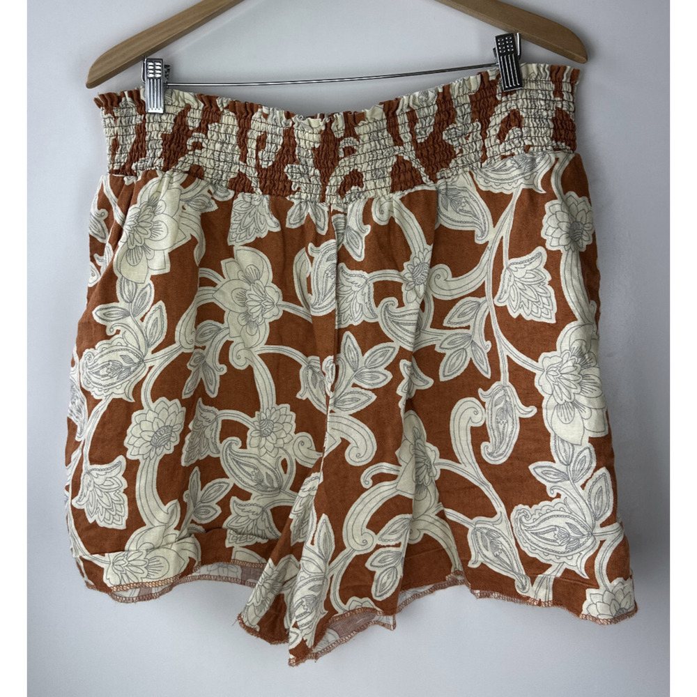 Boden Linen Shirred Waist Shorts Smocked Pull On Vine Coastal US Plus Size 16 18 - Picture 2 of 11